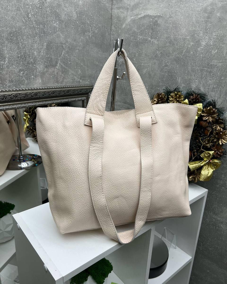 Шкіряна сумка жіноча велика містка міська стильна бежева натуральна шкіра, фото 1