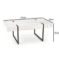 Белый мраморный прямоугольный журнальный столик Blanca 110х60х43 см на черных ножках в стиле минимализм в зал