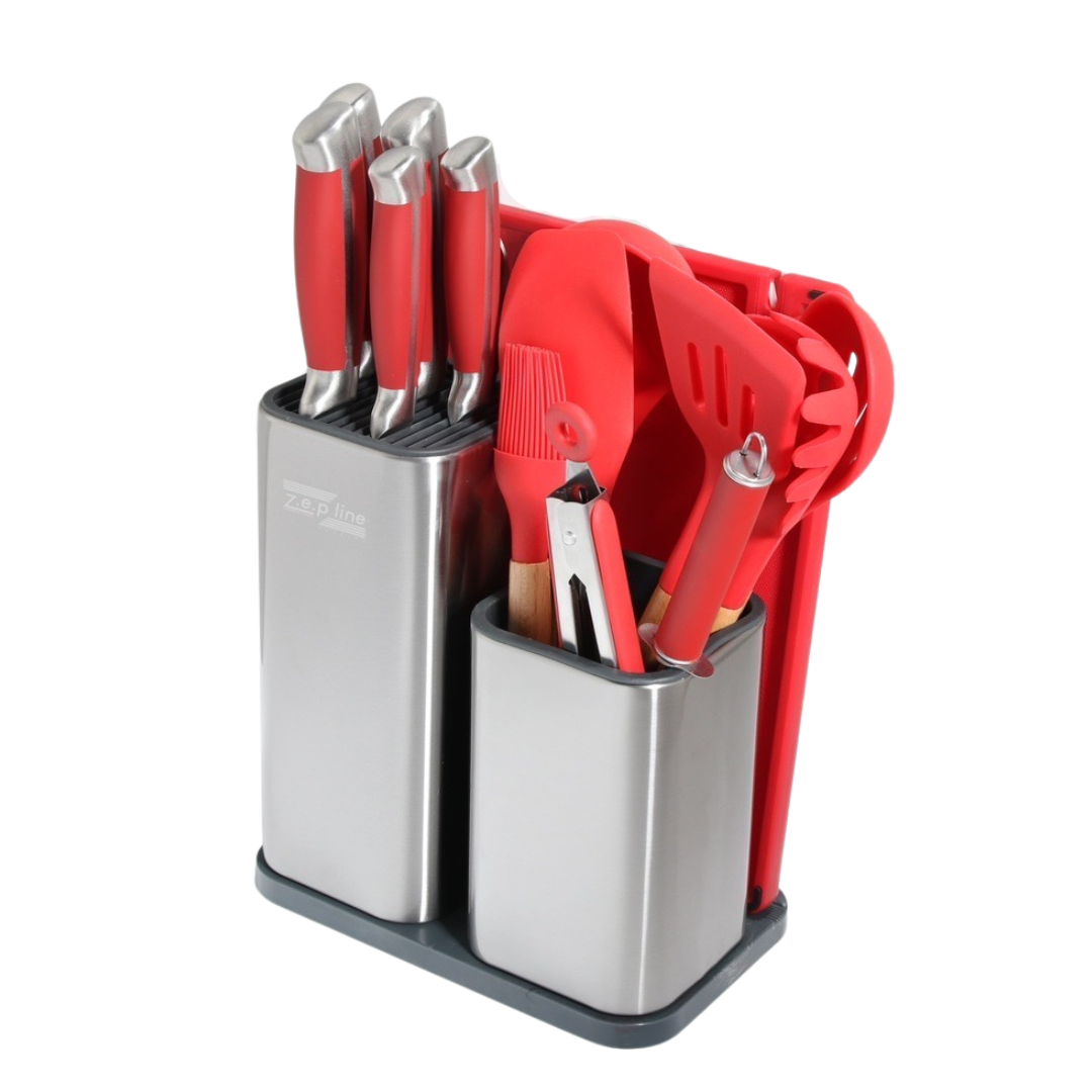 Набір кухонного приладдя та ножі 17 предметів ZP — 047 червоний, набір ножів із обробною дошкою