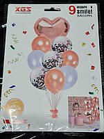 Набор воздушных шаров латексных с конфетти и фольгированным серцем "розовое золото" 9шт
