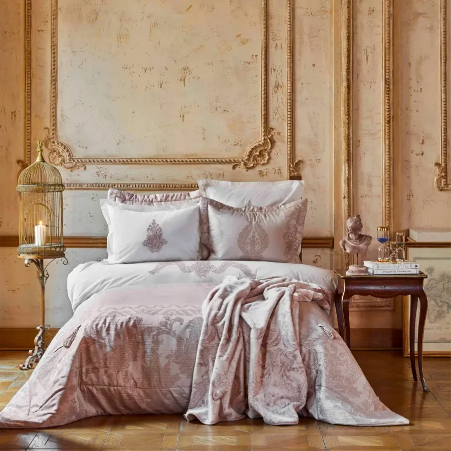 Набір постільна білизна з покривалом+плед Karaca Home - Adrila rosegold золотисто-рожевий євро (10)