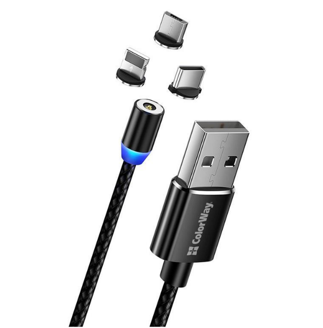 Кабель USB 3в1(Lightning/Micro USB/Type-C) ColorWay CW-CBUU020-BK 2,4A магнітний 1м чорний, фото 1
