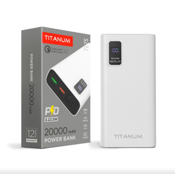 Павербанк 20000 mAh Titanum TPB-727S-W 22,5W QC+PD білий