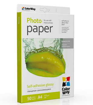 Папір А4 глянцевий самоклейкий 115 - 80г/м картон. уп 50 шт ColorWay PGS1158050A4
