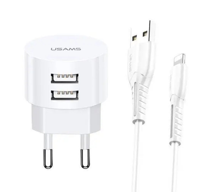 Зарядний пристрій мережевий 2USB + кабель Lightning 2,1А білий Usams XTXLOGT1804, фото 1