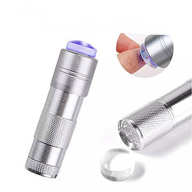2в1 лампа/ліхтарик 107 для сушіння нігтів, гелевих типс, верхніх форм на батарейках + штамп для стемпінгу, 12 Вт. Срібло