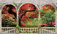 Красивые фотообои в гостиную 368x254 см 3D Красное дерево в парке за аркой с цветами (1075P8)+клей
