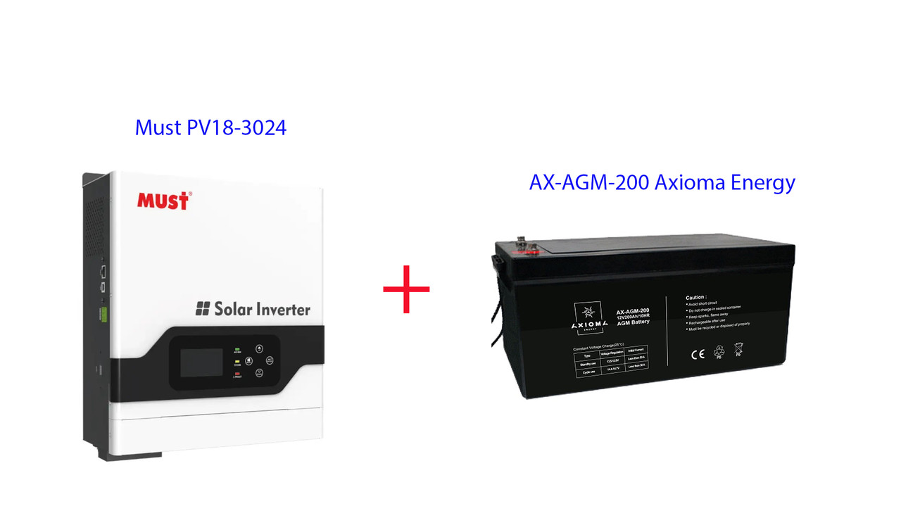 Комплект резервного живлення - (1) Інвертор Must 3 кВт PV18-3024 VHM + (2) Акб 200Аг AX-AGM-200 Axioma Energy