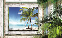 3d фото шпалери в спальні 368x254 см Пляж з пальмами за дерев'яним отвором (1222P8)+клей