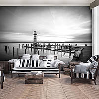 Красивые пейзажи флизелиновые 3D фотообои 368 x 280 см Море - Причал маяк и закат (черно-белый)