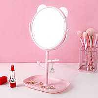 Зеркало косметическое с ушками медведя на подставке с органайзером розовое
