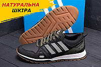 Осенние весенние мужские кожаные кроссовки Adidas Адидас черные спортивные из кожи весна *a19 green star*