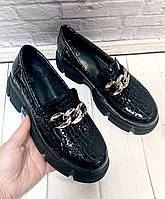 Модные женские туфли с цепью лаковые кожаные на толстой подошве черные 37 38 39 40 размеры