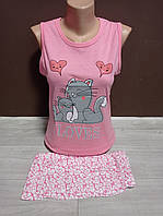 Підліткова піжама для дівчинки Туреччина Котик майка та шорти 10-16 років персик рожева