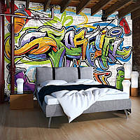 Фото шпалери 368x254 см Для підлітків Барвисті графіті на цегляну стіну (1399P8)+клей