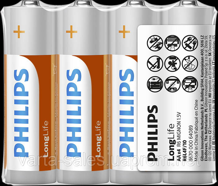 Батарейки Philips LongLife R06/AA (солевые) FOL4 - фото 1 - id-p293689209
