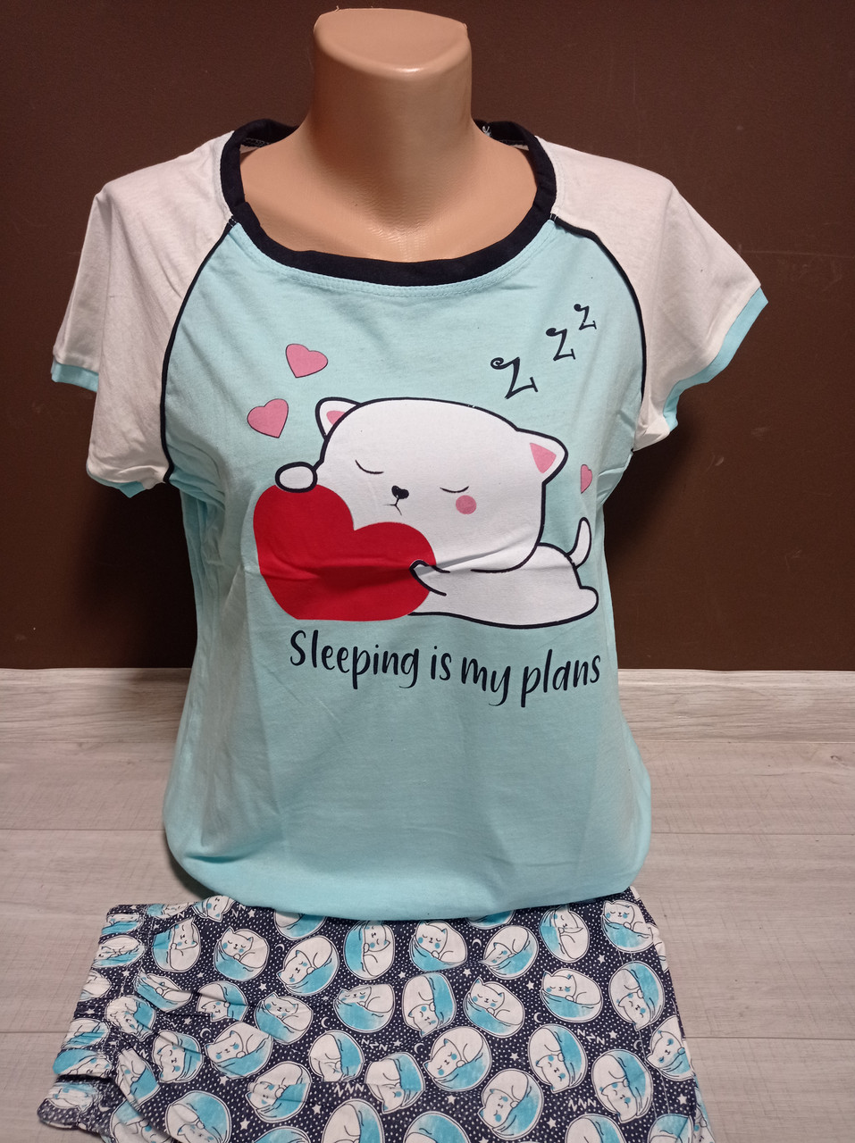 Підліткова піжама для дівчинки Туреччина Котик Аніме футболка та шорти 10-16 років мята, фото 1