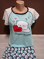 Підліткова піжама для дівчинки Туреччина Котик Аніме футболка та шорти 10-16 років мята