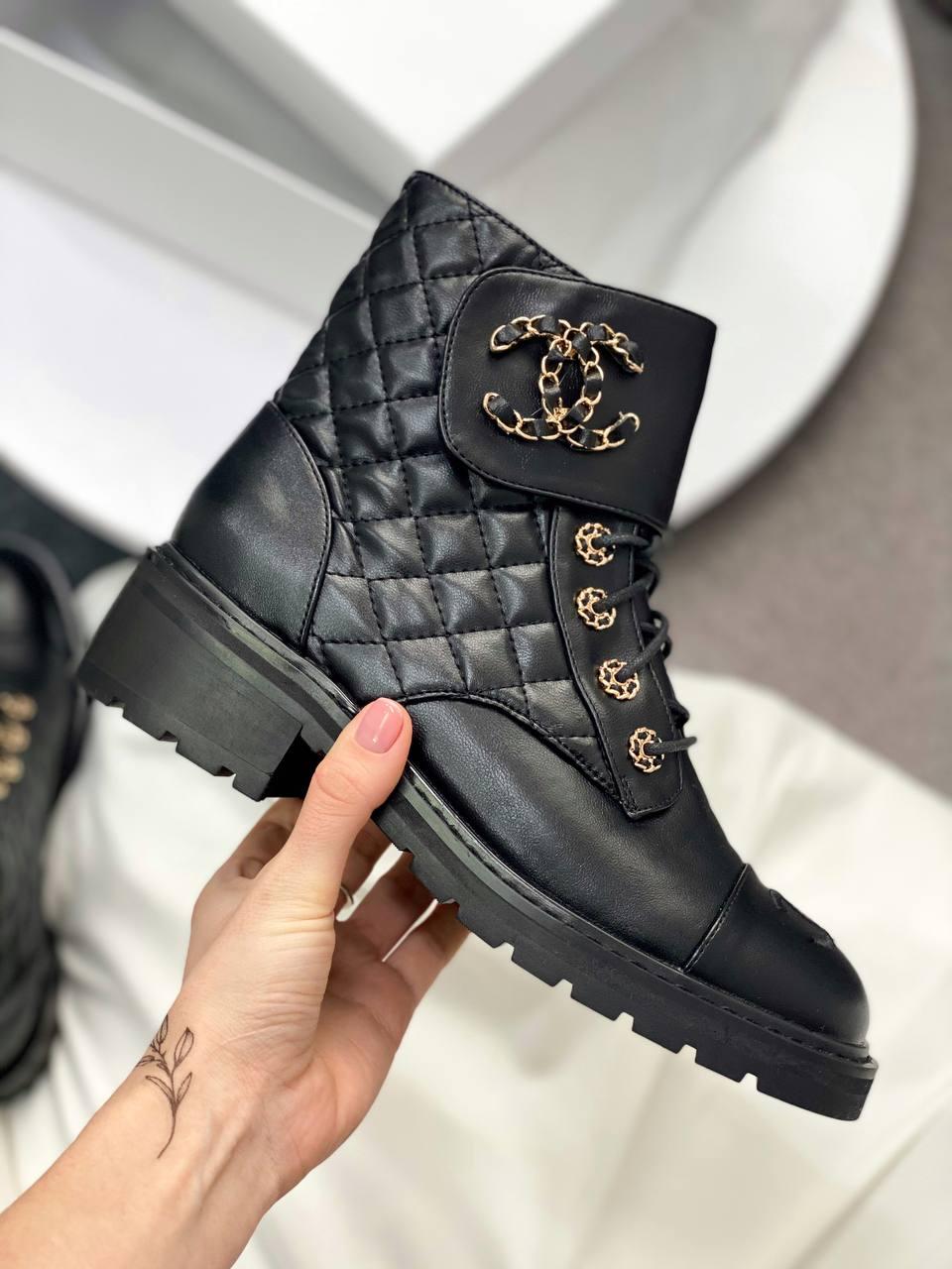 Черевики жіночі чорні весна-осінь Chanel Lace-up Boots Black (04869)