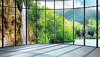 Флизелиновые фотообои для гостиной комнаты фото 254x184 см 3Д Водопад за большим панорамным окном