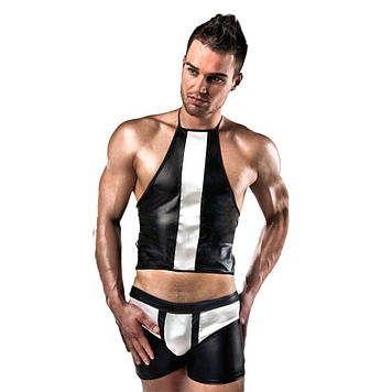 Розпродаж!!! Комплект білизни Passion 018 SET L/XL, чорні шортики і топік з білими елементами Bomba💣