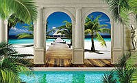 Флизелиновые фотообои в прихожей 254x184 см 3Д Вид на красивый пляж за арками (1524V4)+клей