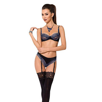Комплект білизни Passion Exclusive GISELE SET L/XL, black, ліф, трусики з пажами Bomba💣