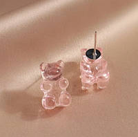 Детские серьги мишки гвоздики, розовые с блестками - длина 1,6см, смола