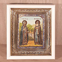 Икона Зосиме и Савватию Соловецким преподобным чудотворцам, лик 10х12 см, в белом прямом деревянном киоте
