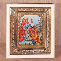 Икона Елисаветы Целование святой, лик 10х12 см, в белом прямом деревянном киоте