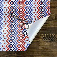 Бумага упаковочная для подарков и цветов Сине-красный узор на белом фоне