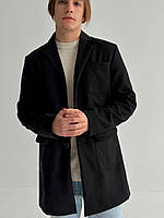 Мужское пальто черное из кашемира, с накладными карманами