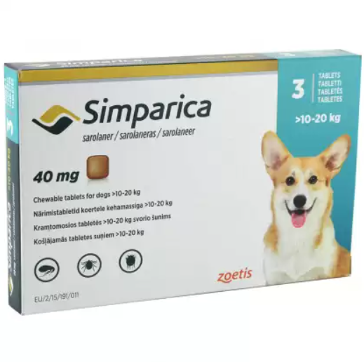 Симпарика (Simparica) для собак весом 10-20 кг, 3 табл. по 40 мг от ...