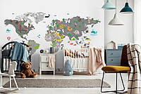 Флизелиновые фотообои для девочек в комнату 312 x 219 см Детские - Карта мира с животными (13814VEXXL)+клей