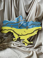 Часы настенные карта форма Украина с декоративными камнями из эпоксидной смолы патриотические голубой с желтым