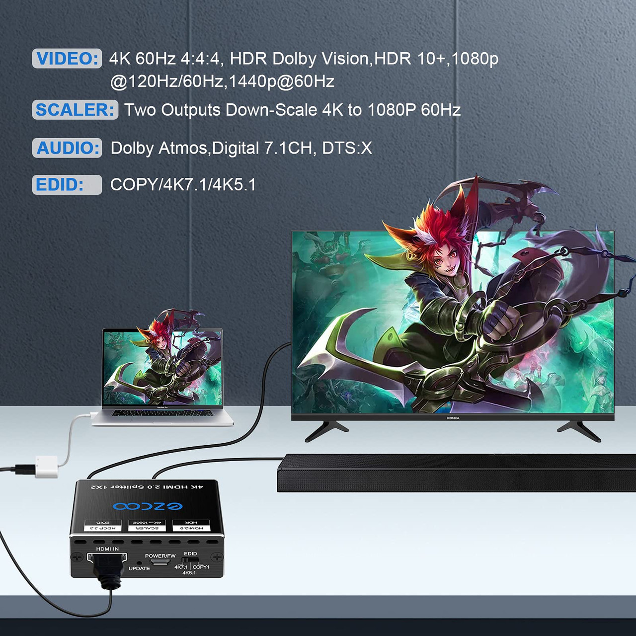 Разветвитель HDMI 4K 60 Гц 1x2 1080P 120 Гц HDCP HDR 18 Гбит/с UHD D-olby Vision Atmos Scaler 4K EDID 1080P - фото 2 - id-p1756461049
