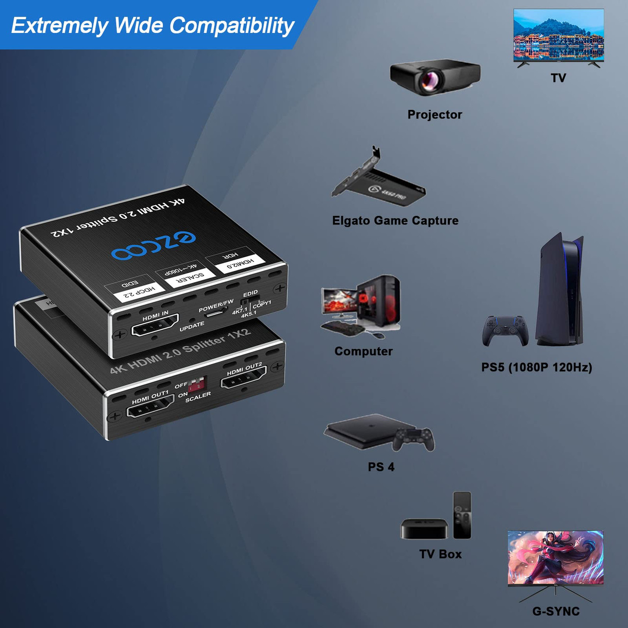 Разветвитель HDMI 4K 60 Гц 1x2 1080P 120 Гц HDCP HDR 18 Гбит/с UHD D-olby Vision Atmos Scaler 4K EDID 1080P - фото 3 - id-p1756461049
