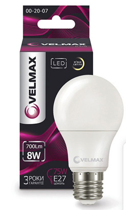 00-20-07 LED лампа 8W-3000К, 700Lm. Е27. 240° Арт.24659 Velmax