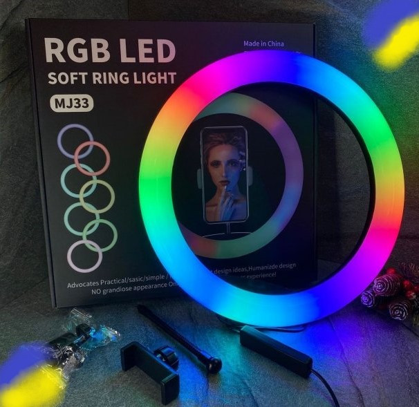 Кільцева світлодіодна лампа біле світло та різнобарвний RGB LED RING MJ33 33 см із кріпленням для телефона