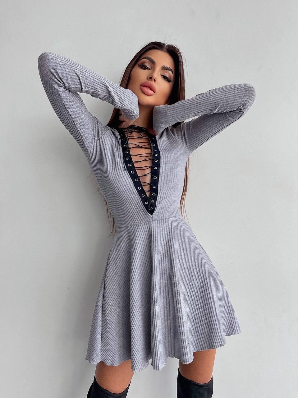 Приталене коротке плаття зі шнурівкою на грудях і розкльошеною спідницею (р. S, M) 66035090Е, фото 1