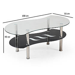 Фігурний скляний журнальний столик з полицею Catania 100х55х43 см прозоро-чорний на хромованих ніжках до зали