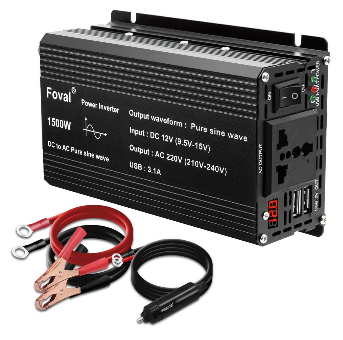 Інвертор напруги правильної синусоїди Foval 12 V / 220 V 1500 W / 750 W — 50Hz для котлів / холодильників / насосів