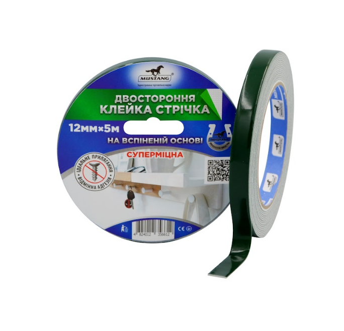 Стрічка двостороння спінена 12мм*5м 110мкм Standart Мустанг