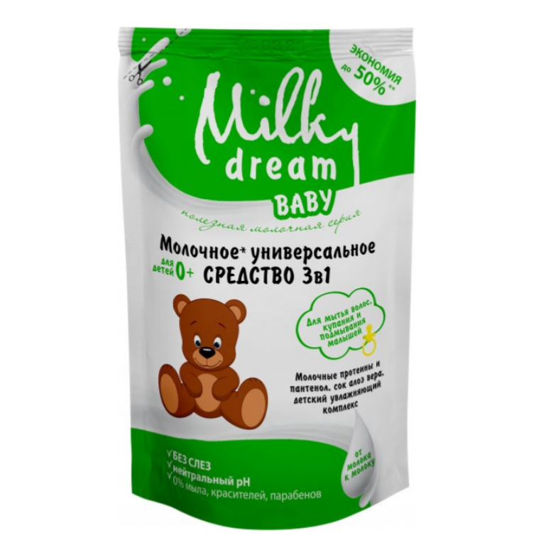Універсальний засіб Milky Dream Для миття волосся, купання та підмивання малюків Дой-пак 450 мл