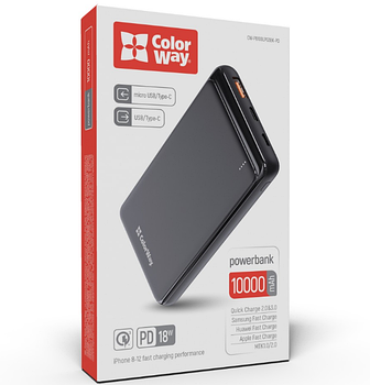 Павербанк 10000 mAh ColorWay CW-PB100LPG3BK-PD 18W QC+PD slim світлодіодний індикатор чорний