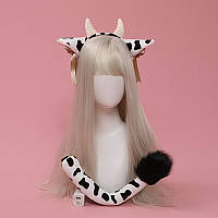 Набор: ободок ушки и хвост коровы наручники чокер черный, нарядный кот, аниме, косплей арт 4386