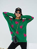 Женский свитер туника зеленый с малиновыми сердцами удлиненный яркий размер 42-48 трендовый Турция