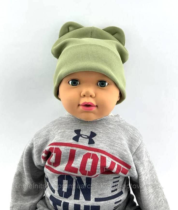 Шапка дитяча трикотажна подвійна для новонароджених головні убори хакі (ШД262), фото 1