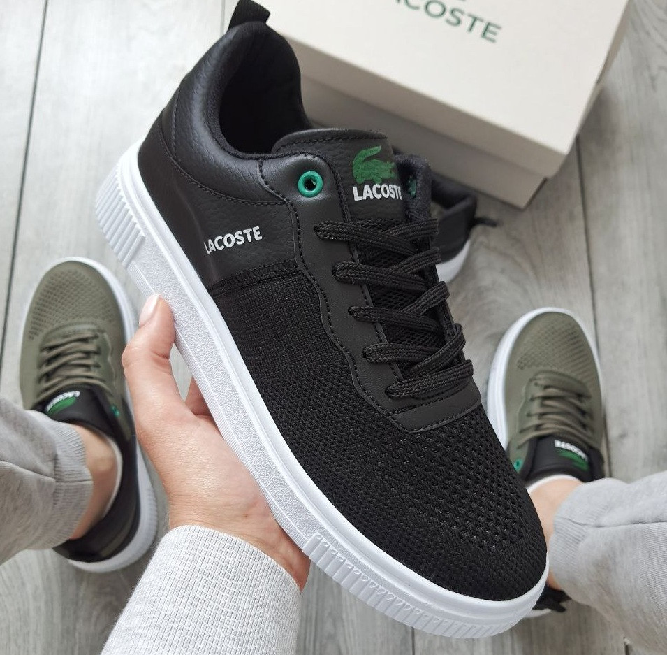 Кросівки кеди чоловічі Lacoste літні в сітку легкі весна-літо чорні з білим Туреччини. Живе фото, фото 1