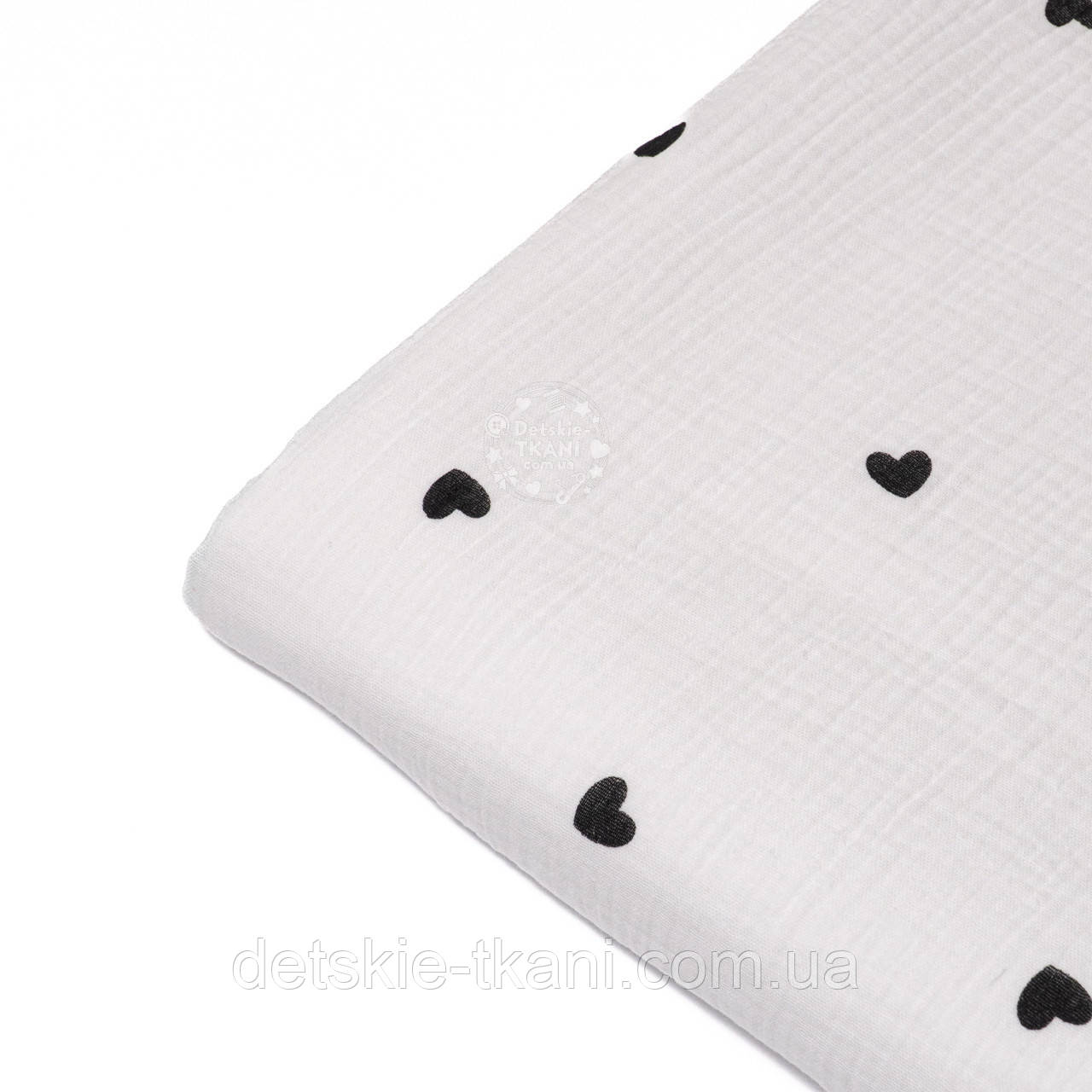 Клаптик двошарового жатого мусліна "Чорні сердечка" на білому фоні, розмір 35*135 см, фото 1